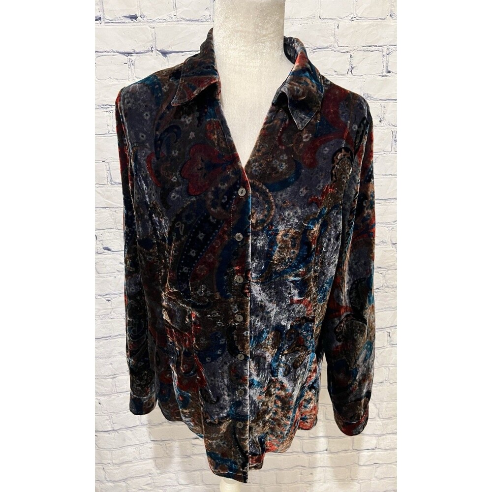 Coldwater Creek Velvet Paisley Peplum Shirt Womans Long Sleeve Button Up Large